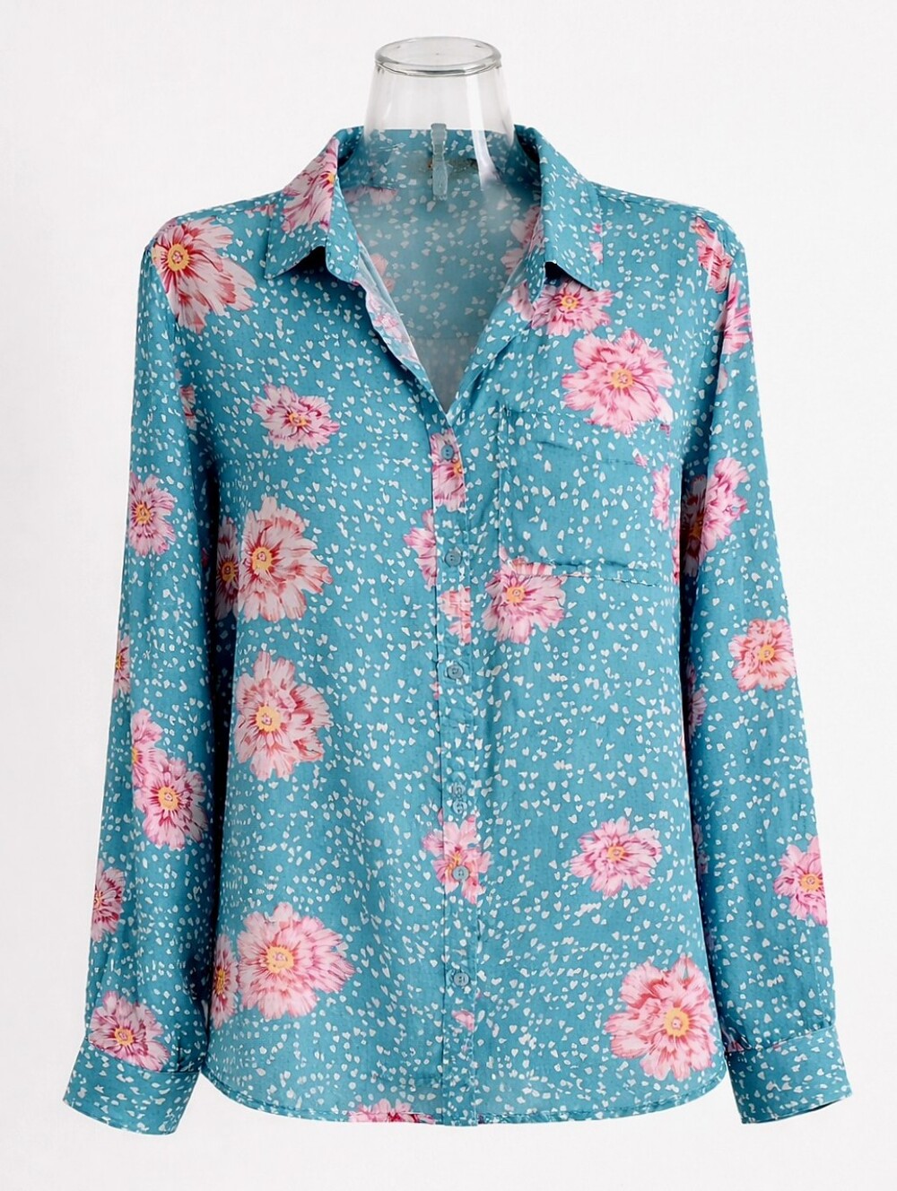 Button Down Blouse Roll Tab Sleeve Floral Heart Print L